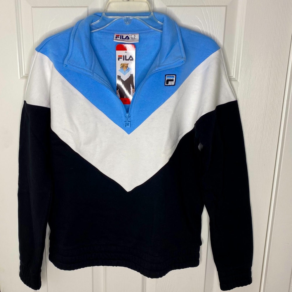 FILA 1/4 Zip Pullover Sweatshirt Hoodie Light Blue White Black